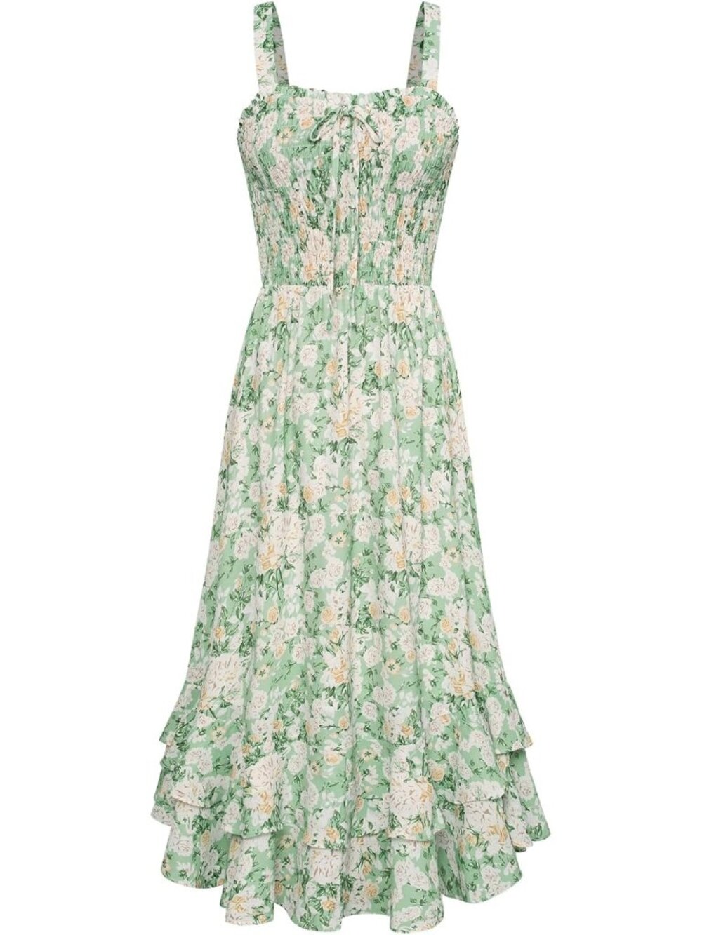 Women's Green White Square Neck Strapped A Line Floral Boho Long Maxi Dress
